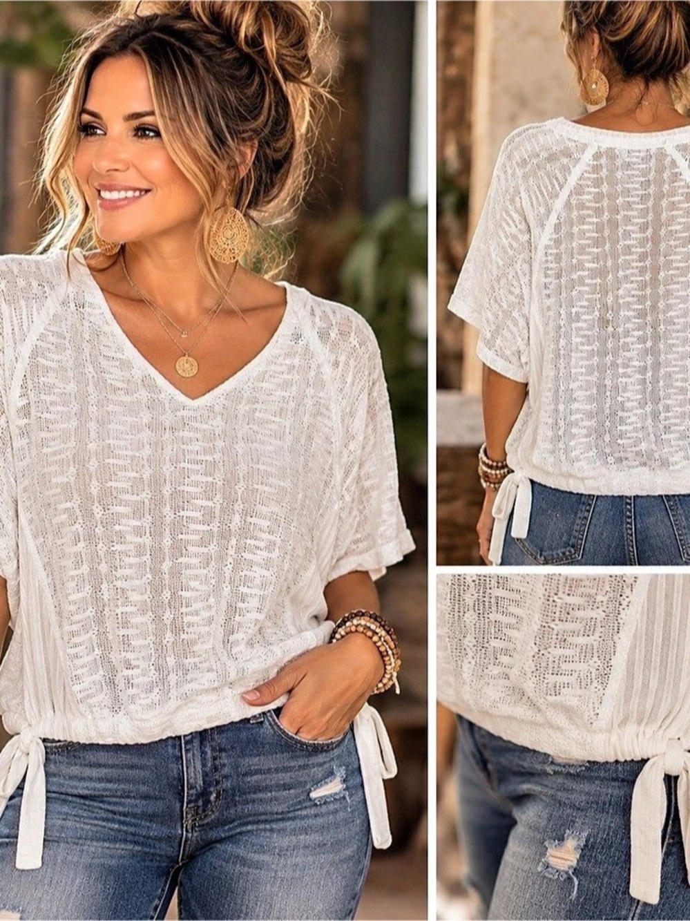 Daytrip White Sheer Textured Knit Tie Hem Blouse Top Size Large Boho